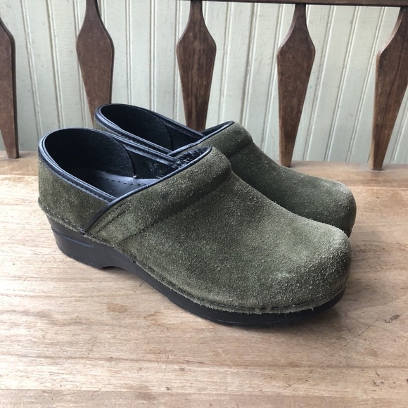 green suede clogs